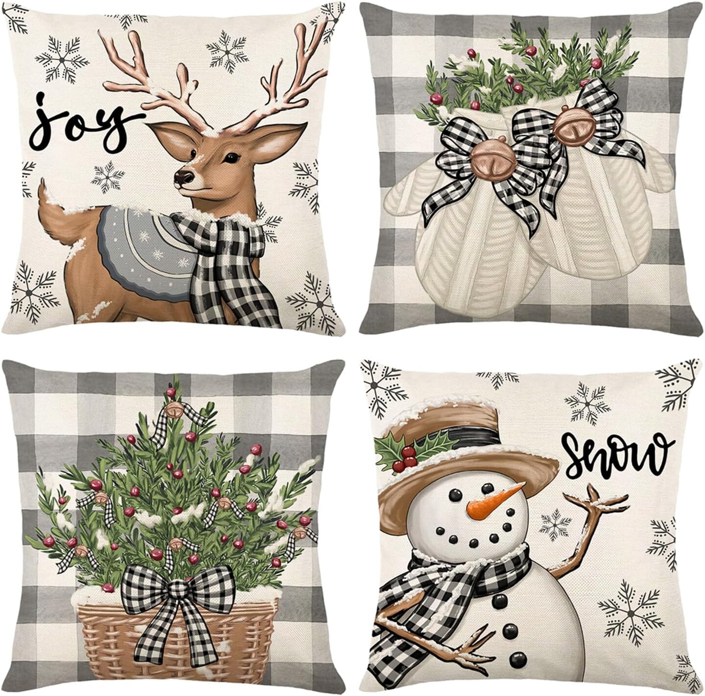 Christmas Pillow Covers 18 x18 Inch Set of 4 Christmas Snowman Reindeer Gloves Eucalyptus Throw Pillow Covers Winter Holiday Cushion Case for Home Couch