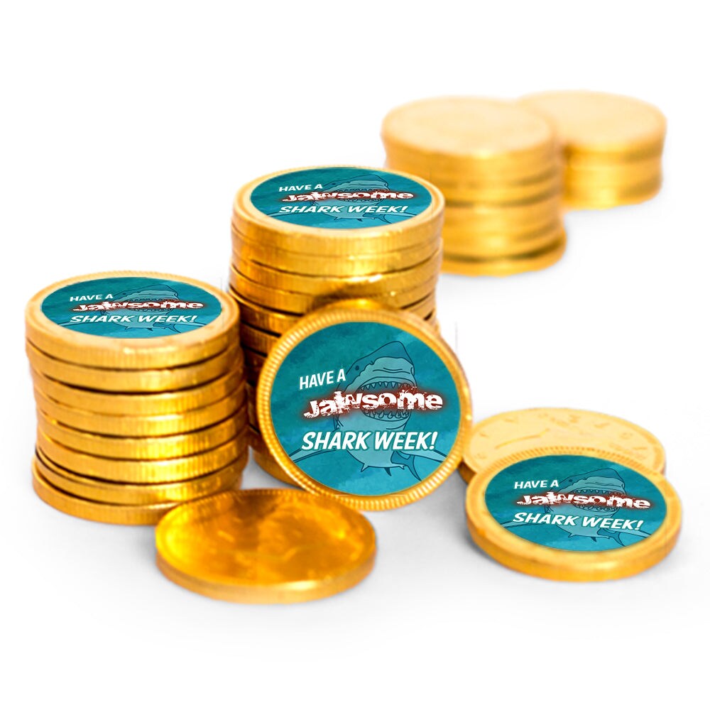 80ct Shark Week Candy Party Favors Chocolate Coins (80 Count) - Gold Foil - By Just Candy