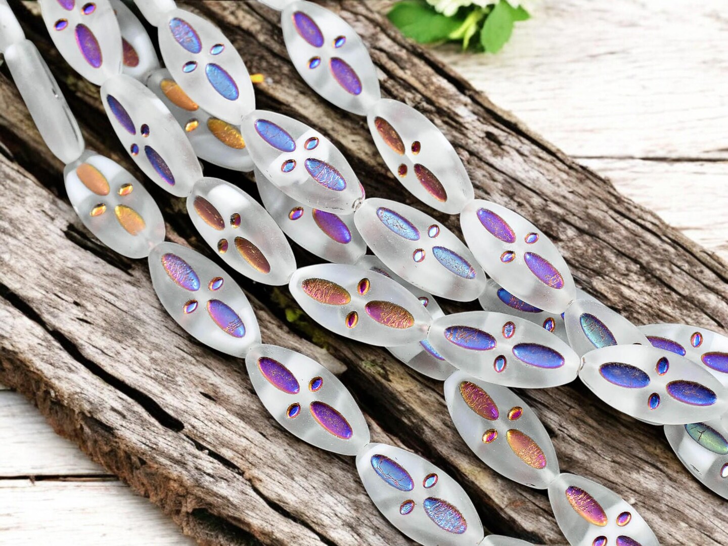 *8* 20x9mm Metallic Volcano Washed Matte White Crystal Cloud Marquise Oval Beads