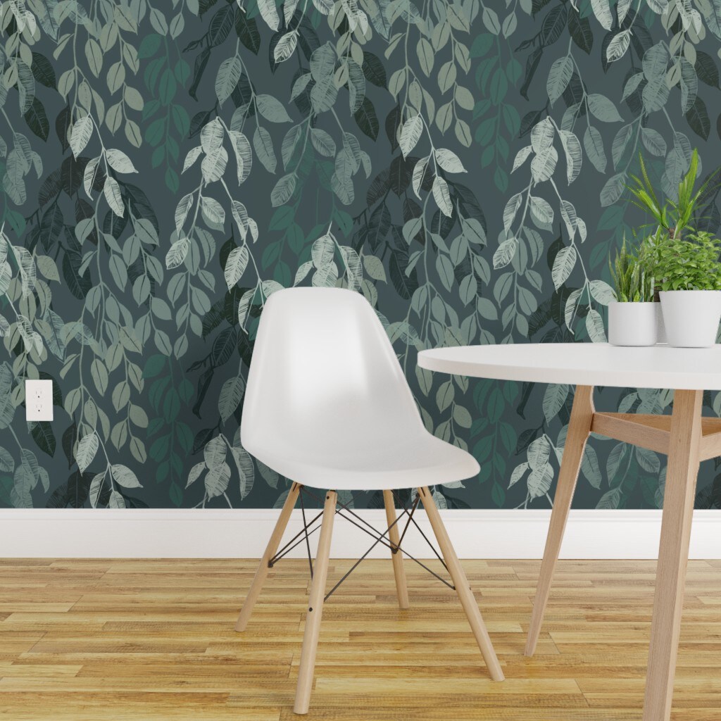 Peel &#x26; Stick Wallpaper 2FT Wide Botanical Vines Serene Nature Calm Leaves Teal Neutral Modern Trees Boho Green Custom Removable Wallpaper by Spoonflower