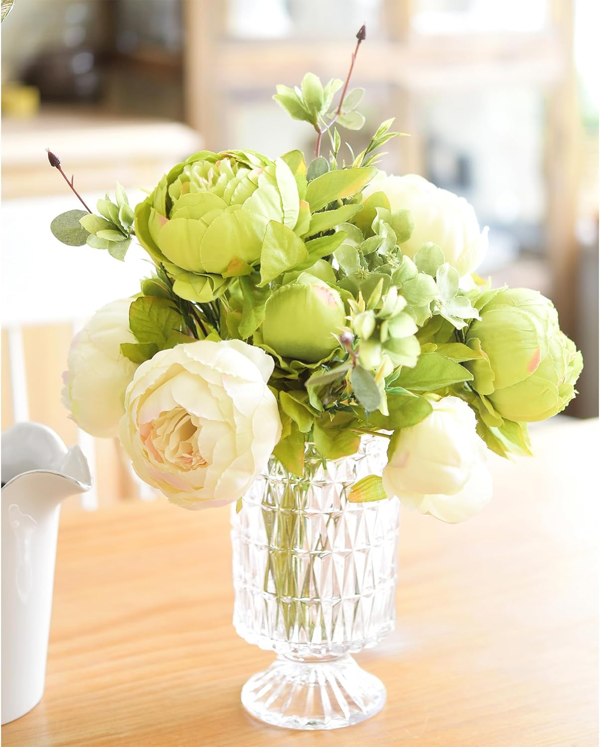 Mixed Cream Beige and Moss Green Vintage Artificial Silk Flower Peonies 2 Bouquets Floral