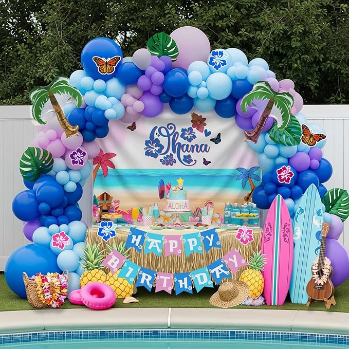 Blue pink purple Balloon Hawaii Garland Kit with Ohana theme backdrop and birthday banner plam tree mylar balloons for Summer aloha cartoon birthday party gender reveal Baby shower decorations