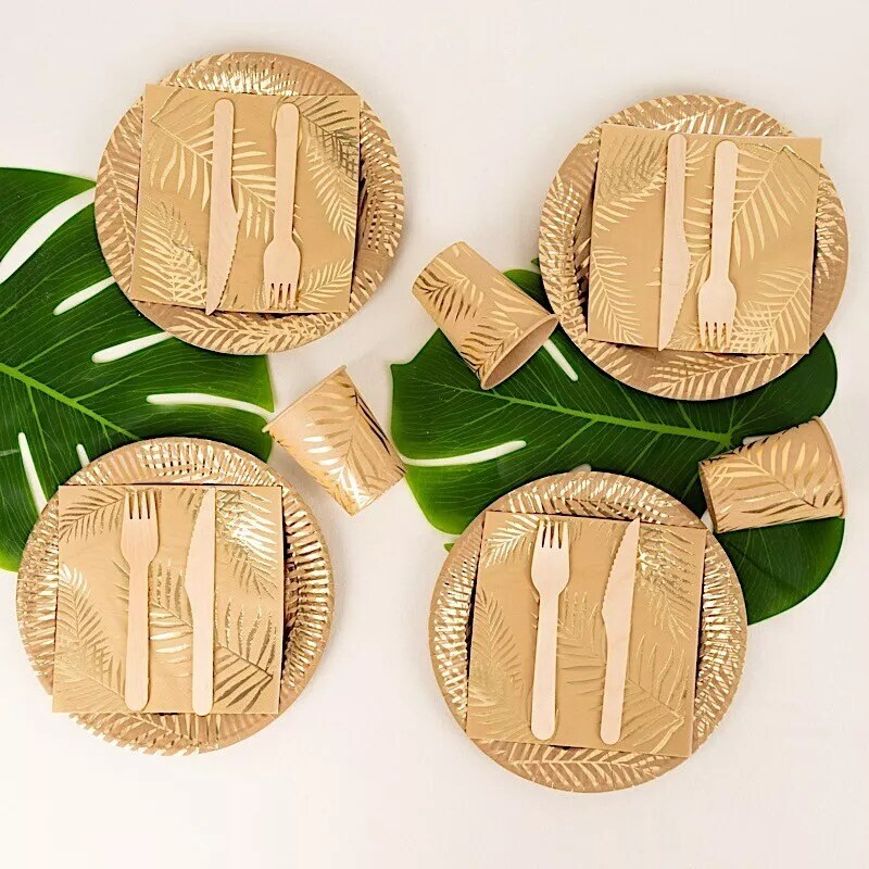 72 Natural Disposable Paper Tableware Set Gold Palm Leaves Print Party Events