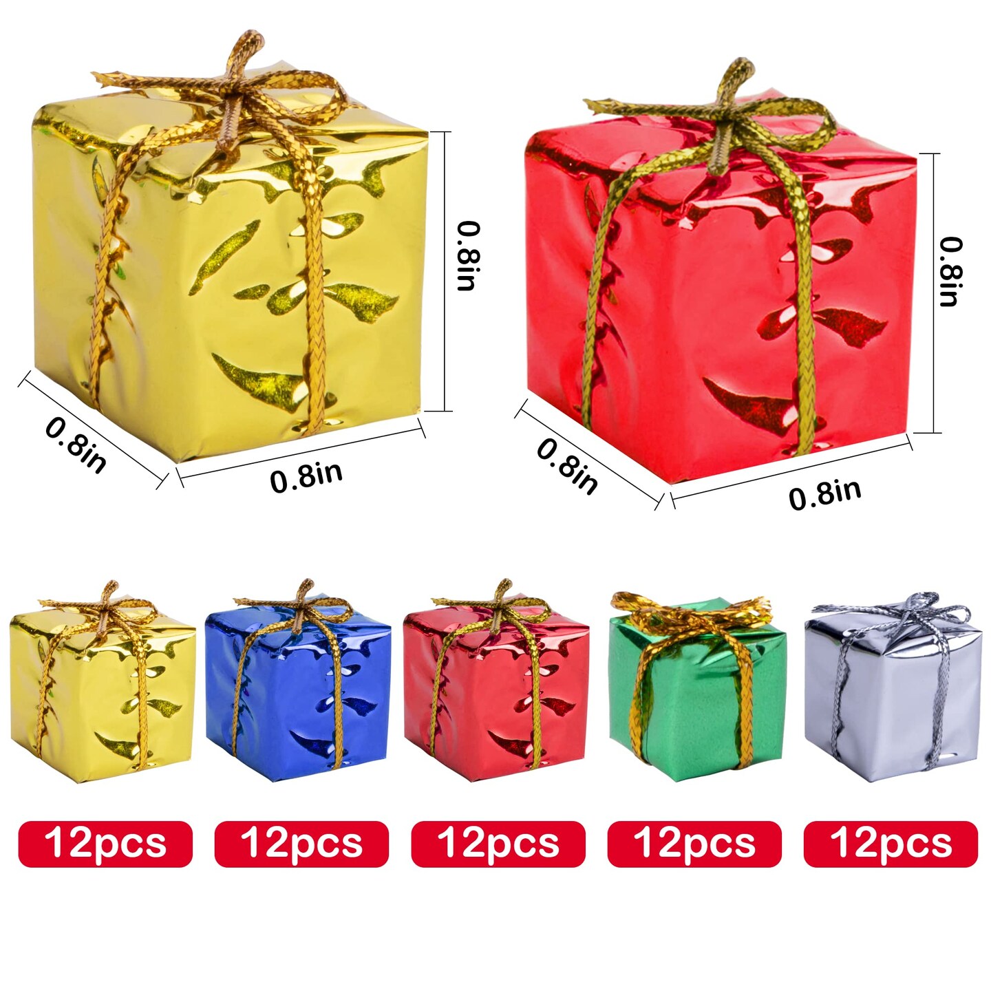 60 PCS Christmas Shiny Mini Boxes Ornaments-Assorted Colors Metallic Foil Wrapped Ornaments Decoration Boxes for Christmas Tree Hanging Decorations (60PCS)