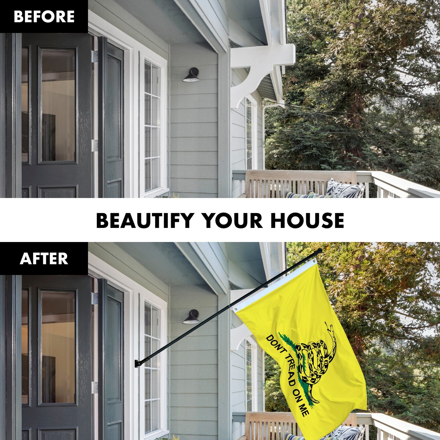 G128 - 6 Feet Tangle Free Spinning Flagpole (Black) Gadsden Brass Grommets Printed 3x5 ft (Flag Included) Aluminum Flag Pole