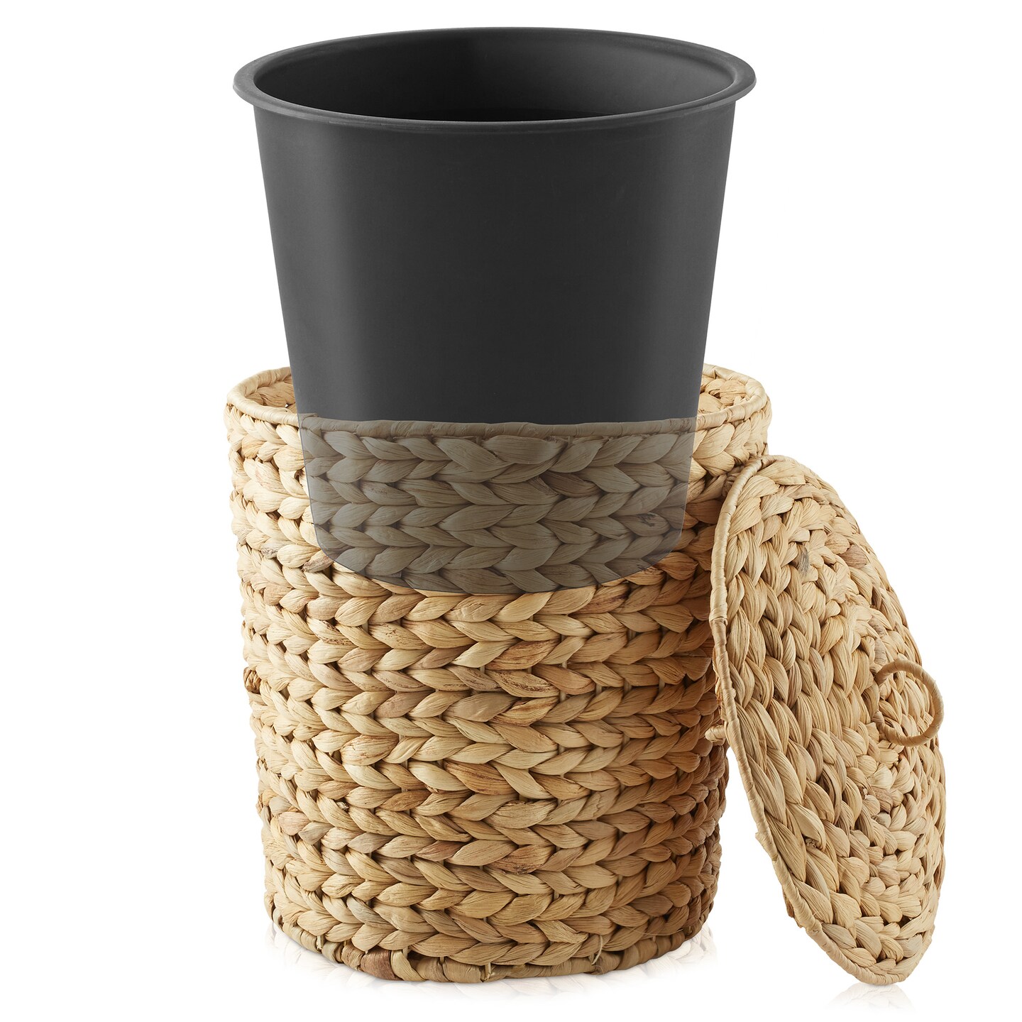 Casafield Water Hyacinth Trash Can with Lid and Liner, Woven Wicker Waste Basket for Bathroom, Bedroom, Laundry Room, Home Office