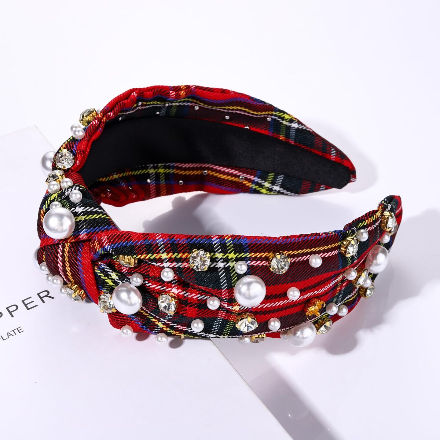 Christmas Headband for Women White Pearl Rhinestone Crystal Jeweled Embellished Hairband Wide Top Knot Hairband Headpieces Christmas Holiday Party Costume Decoration (red plaid knot hairband)
