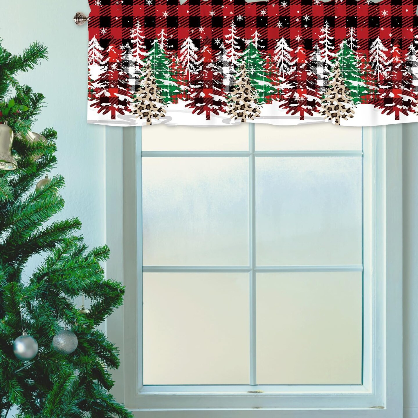 Christmas Curtain Valance for Windows Red Black Buffalo Check Plaid Snowflake Christmas Tree Winter Holiday Window Treatments 1 Panel Short Curtains for Kitchen Windows Bathroom Bedroom,54 x 18 Inch