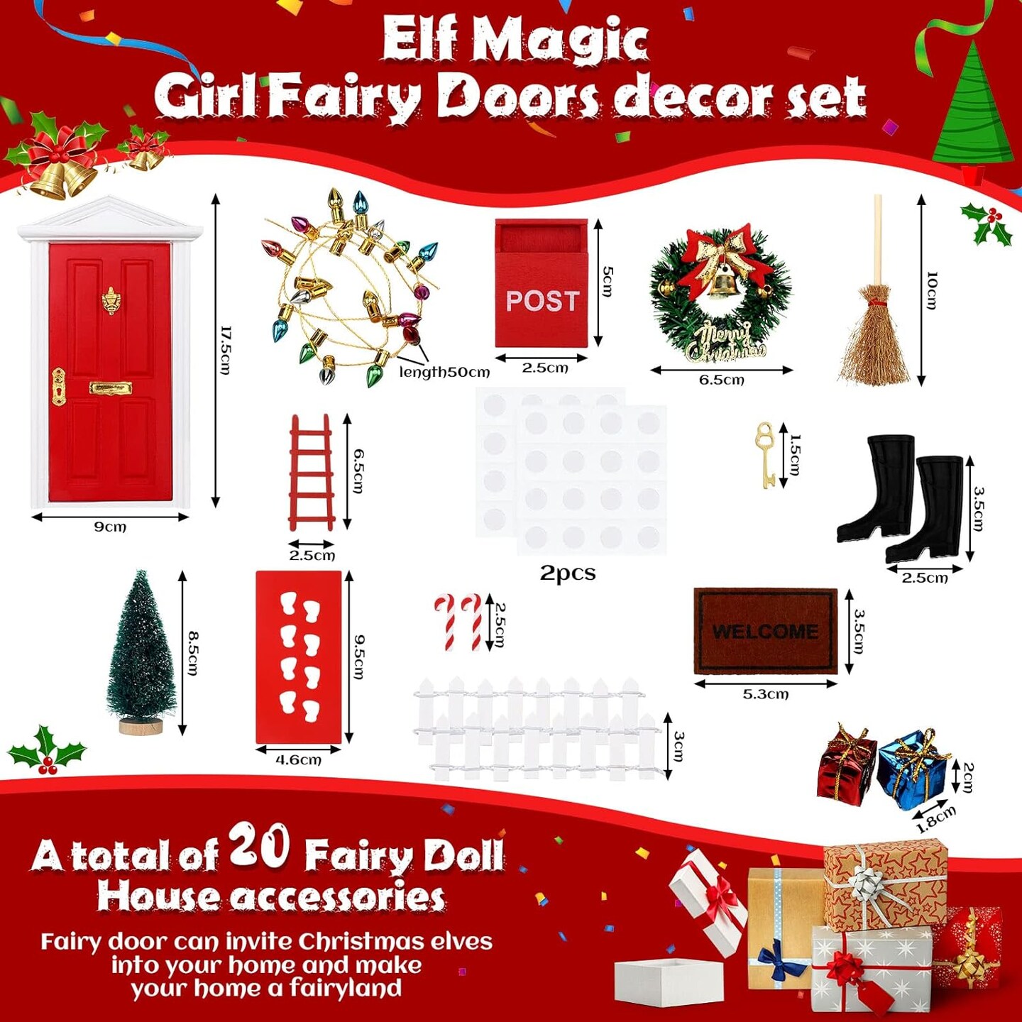 20 Pcs Christmas Elf Girl Fairy Doors Decorations Door Enchanted Fairy Doors Tiny Outdoor Xmas Decor Wooden Tiny Miniature for Child Xmas Accessories Fairy Tale (Red)