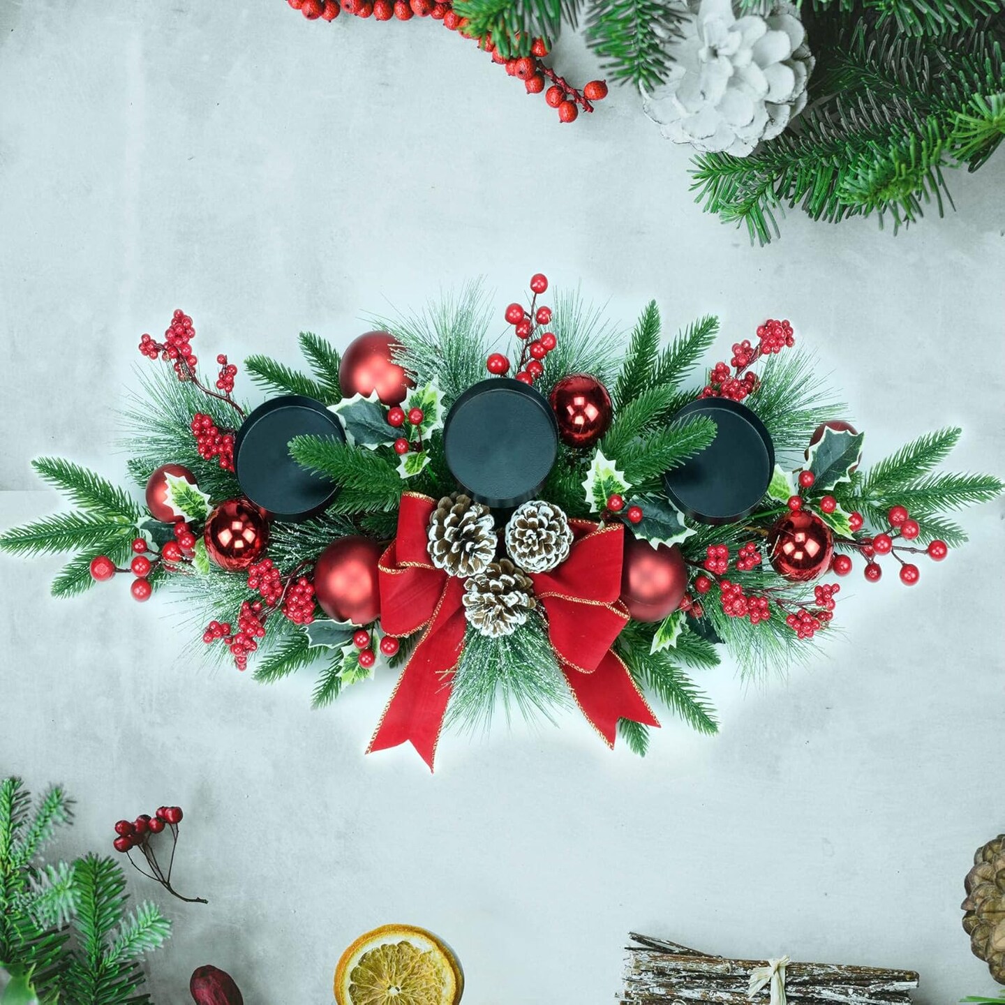 28&#x22; Christmas Triple Candelabrum, Holiday Candle Holder with Three Trays, Red Bowknot &#x26; Baubles, Natural Pine Cones, Red Berries, Green Leaves Holly, Spruce Branches, Pine Needles (Red)