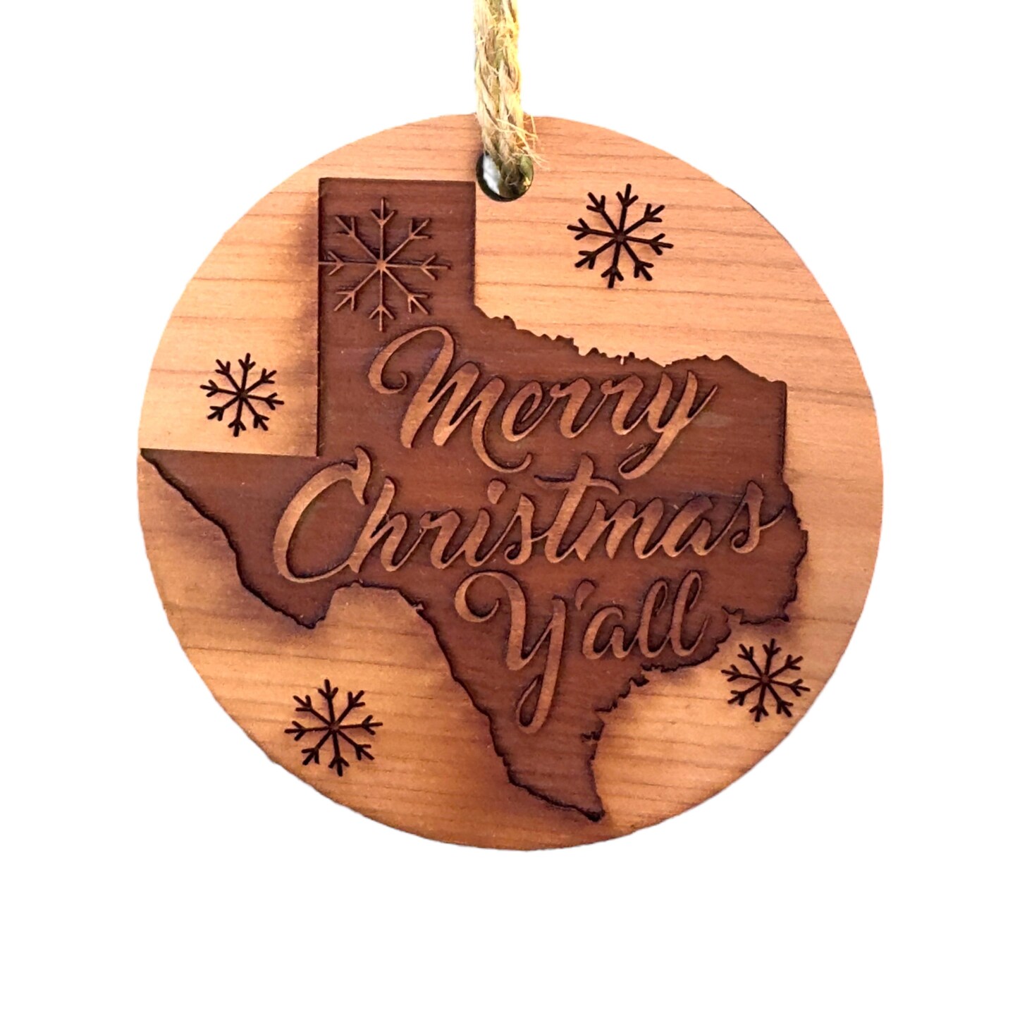 Merry Christmas Y'all - Raw Cedar Ornament 3x3in