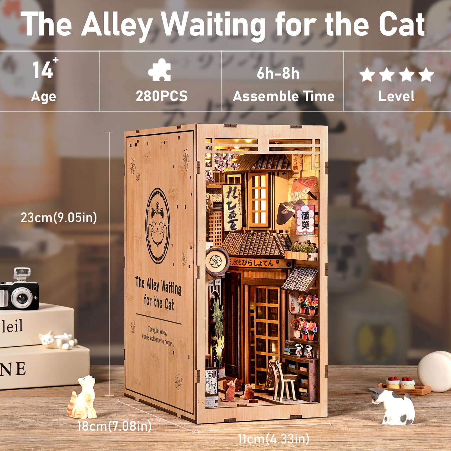 DIY Book Nook Kit with LED Light | Japanese Street Cat Miniature