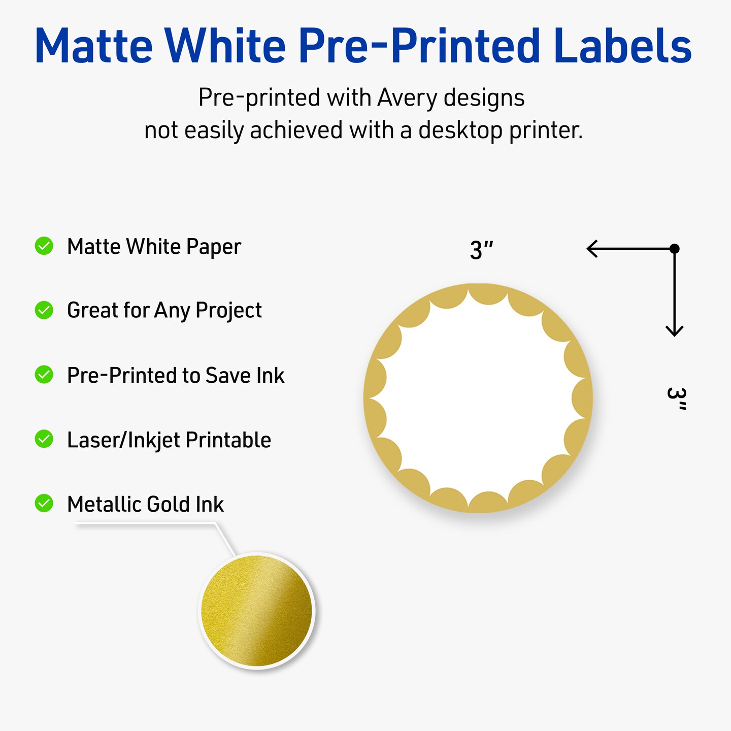 Avery Printable Round Labels, Gold Edge Dots, 3&#x22; Diameter, Matte White Round Labels, Permanent, Laser/Inkjet, 60ct, Great for Product Labels
