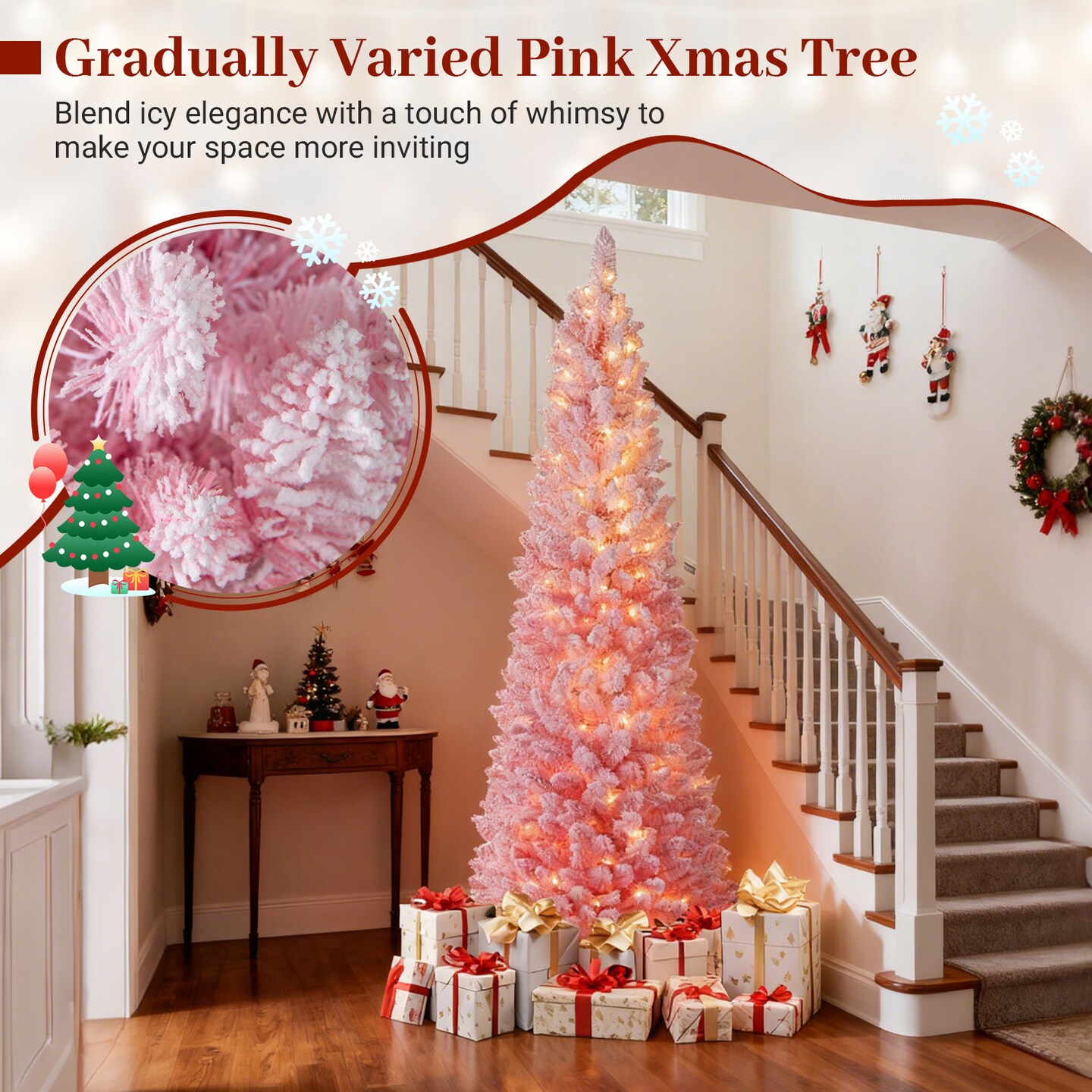 Pink LED PVC and Metal Slim Christmas Tree Pre-Lit with Controller