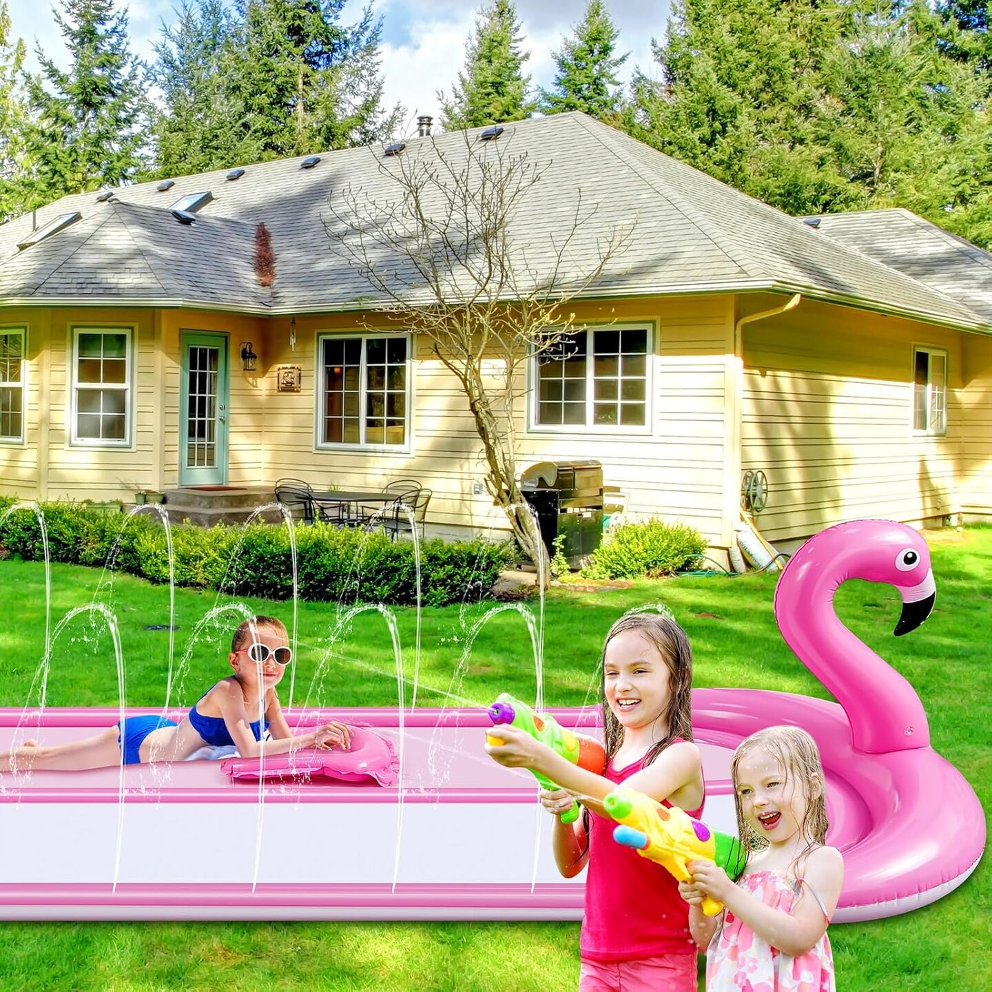 3D Flamingo Slip Water Slide Double Lane wth 2 Bodyboards and Sprinkler (20ft)