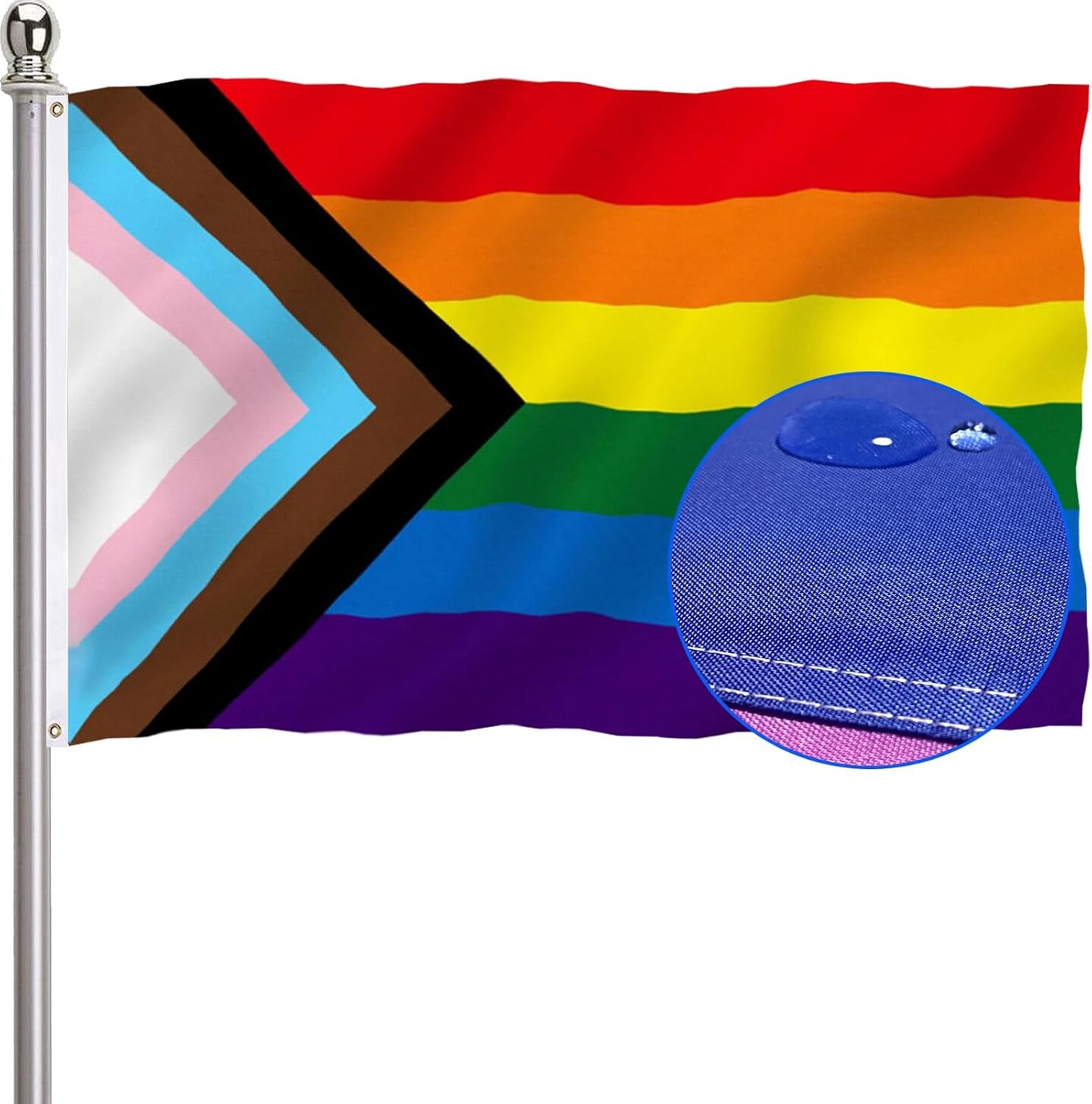 Progress Pride Rainbow Flag 2x3 Outdoor-210D Sewn Stripes LGBTQ Gay Lesbian Bisexual Transgender All Inlcusive Progressive Pride Rainbow Flag Vivid Color Polyester Flags with 2 Brass Grommets
