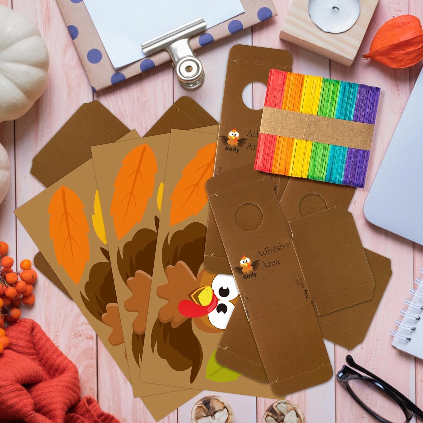 Fall Thankful Turkey Craft - 16Pcs Thankful Turkey Jar Craft Kit DIY Religious Turkey Prayer Jar with Popsicle Stick Thanksgiving Gratitude Turkey Box Paper Craft School Fun Activities for Kids