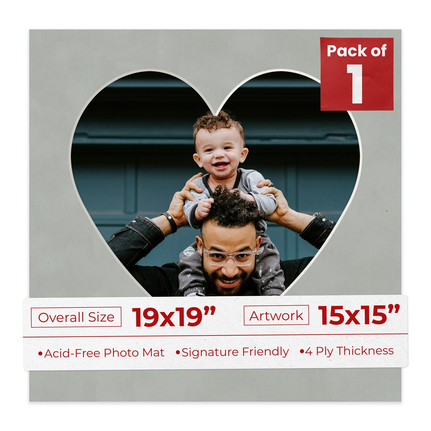 Light Grey Suede Mat Board for 19x19 Frames - Heart Opening for 15x15 Photos