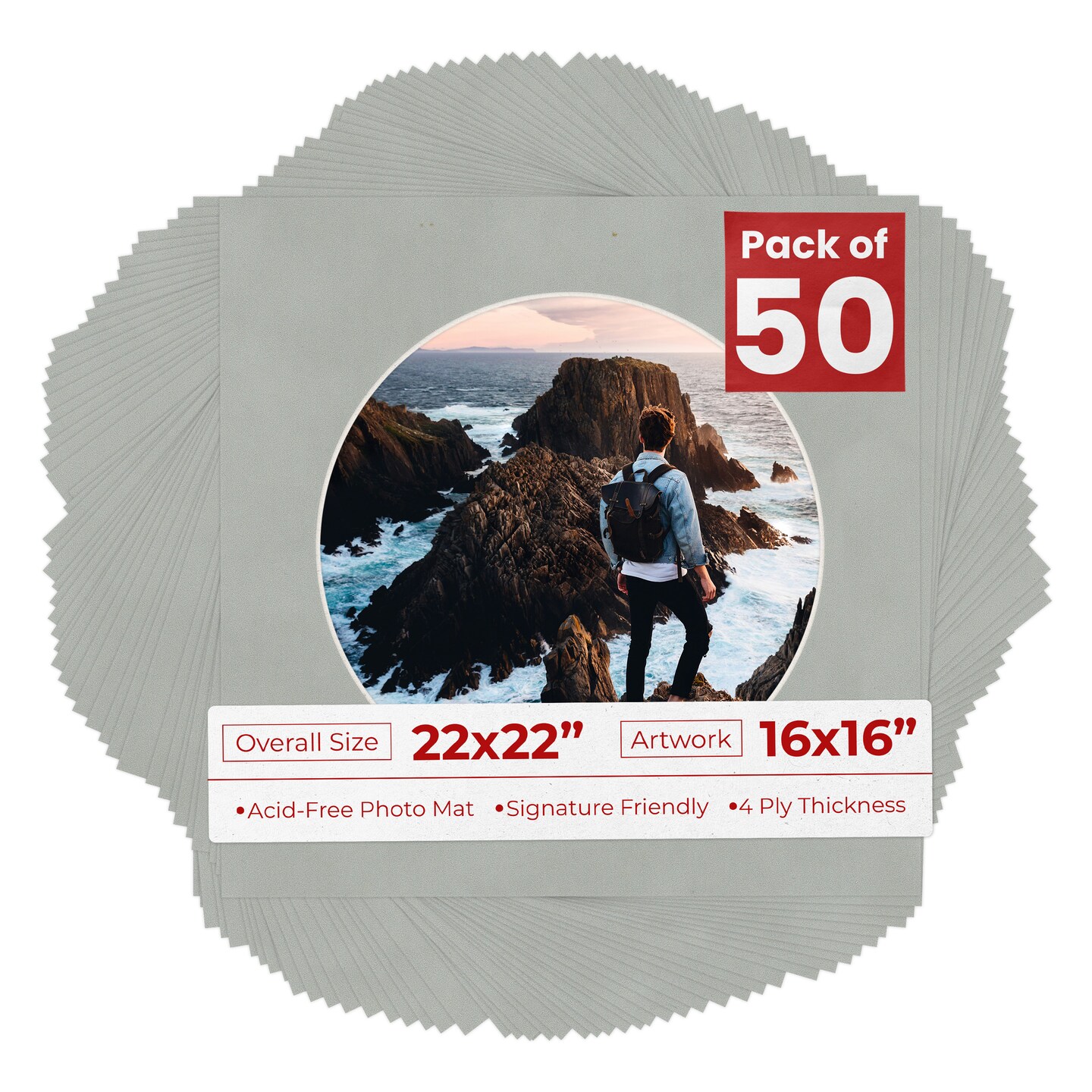 Light Grey Suede Mat Board for 22x22 Frames - Circle Opening for 16x16 Photos