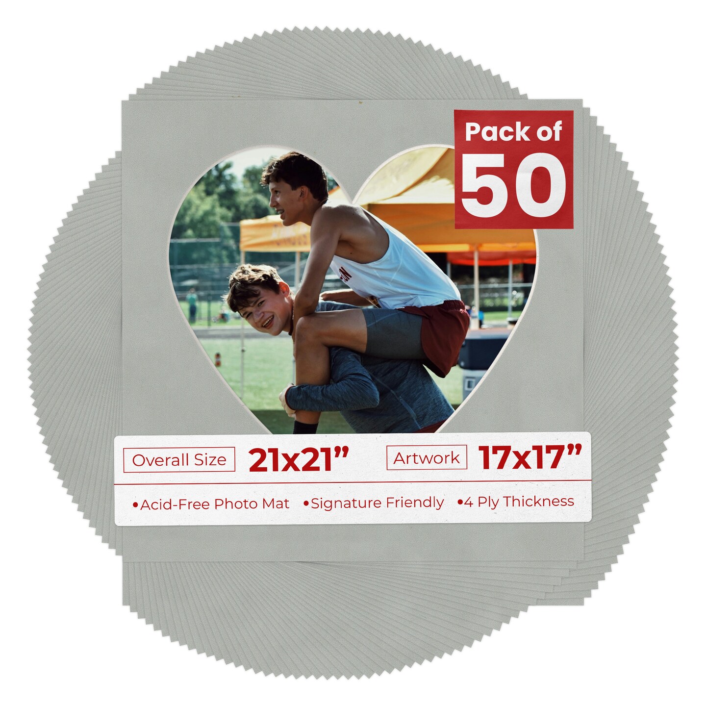 Light Grey Suede Mat Board for 21x21 Frames - Heart Opening for 17x17 Photos