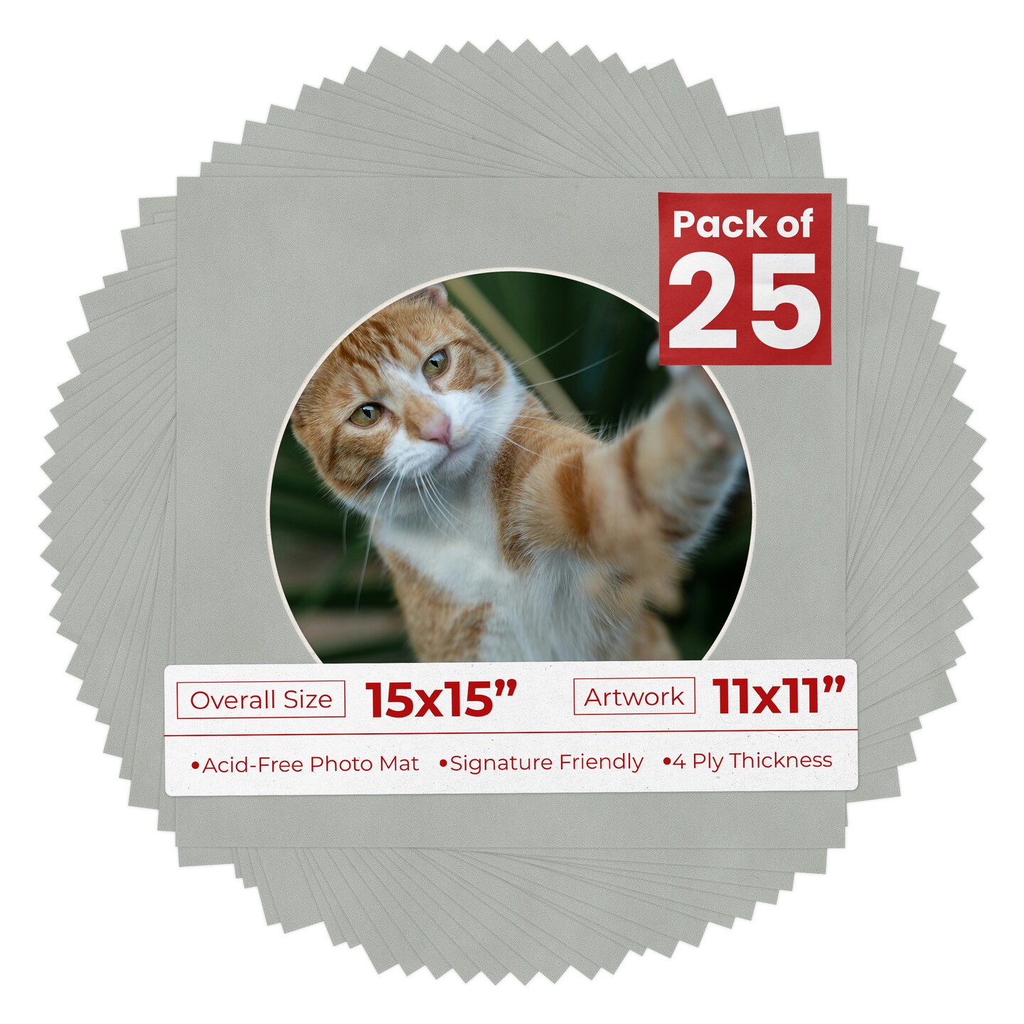 Light Grey Suede Mat Board for 15x15 Frames - Circle Opening for 11x11 Photos