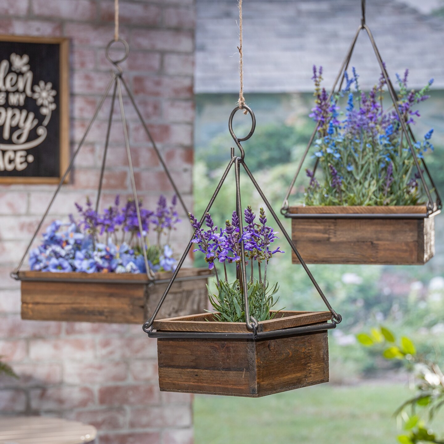 Contemporary Home Living Square Wooden Hanging Planters - 27&#x22; - Set of 3