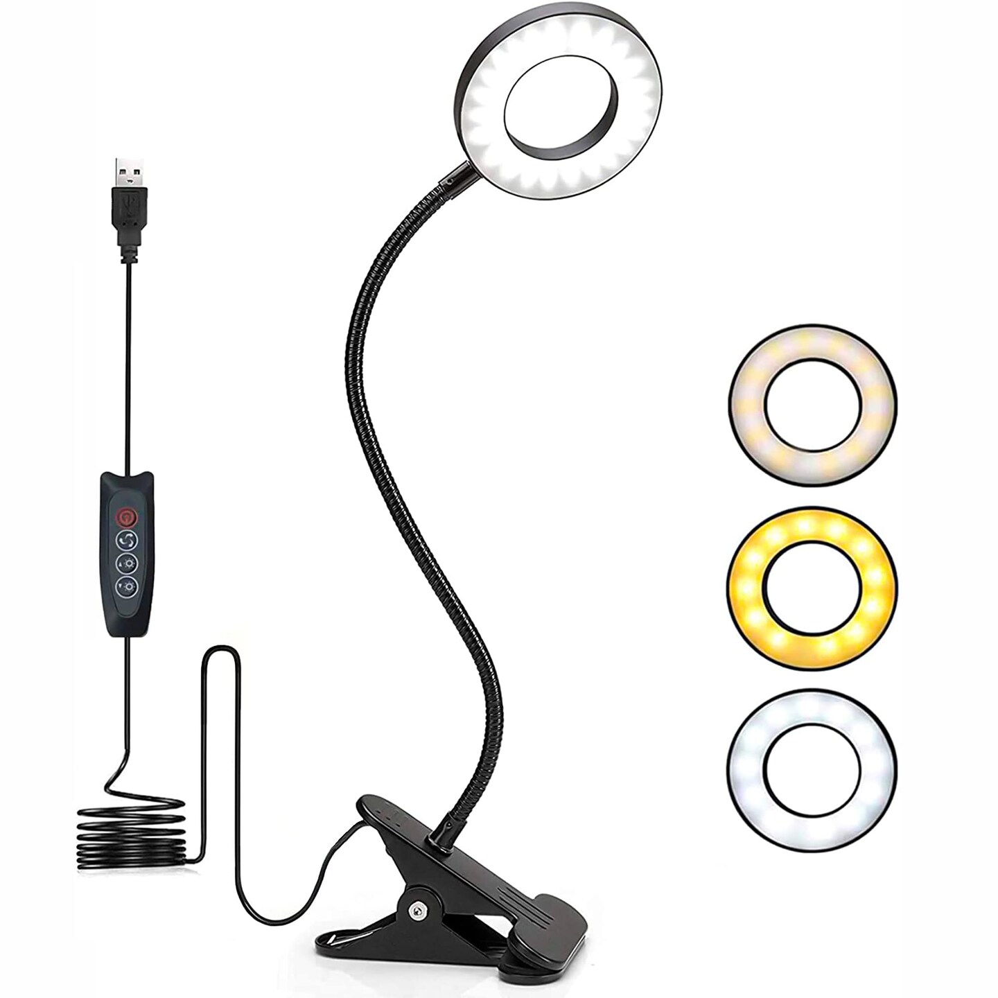 Foneso Desk Lamp Clip on Light, 48 LED USB Lamp with 3 Color Modes 10 Brightness Levels, 360° Flexible Gooseneck Eye Protection Bed Night Light for Reading, Makeup, Fill Light (Black)