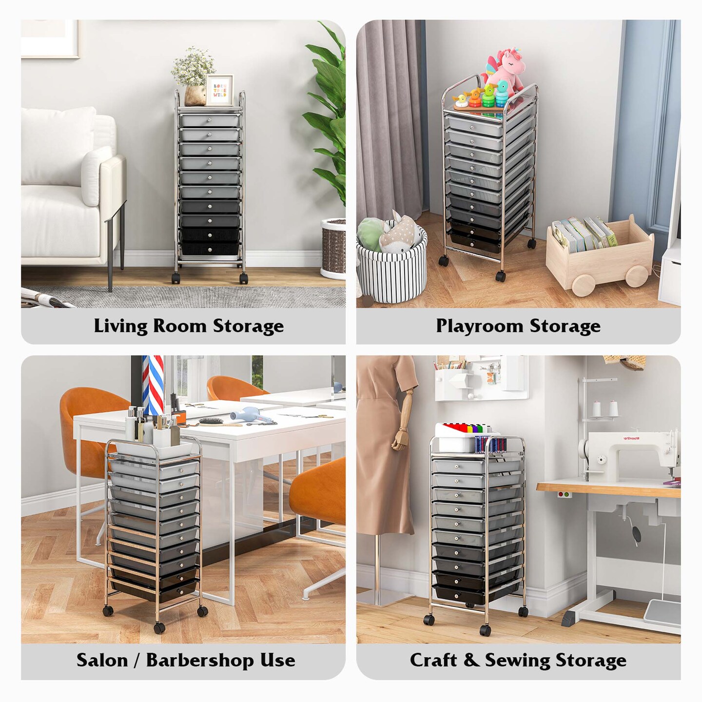 Costway 10 Drawer Rolling Storage Cart Scrapbook Paper Office School Organizer Gradient Black/Gradient Pink/Multicolor/Yellow/Colorful/Clear/Black/Hot Pink/Skin Pink/Purple