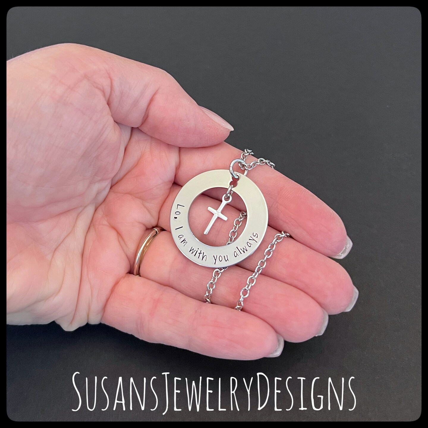 Custom sentiment necklace, personalized jewelry, custom wording, stainless steel necklace, lo I am with you always, bible verse, Christian product 5