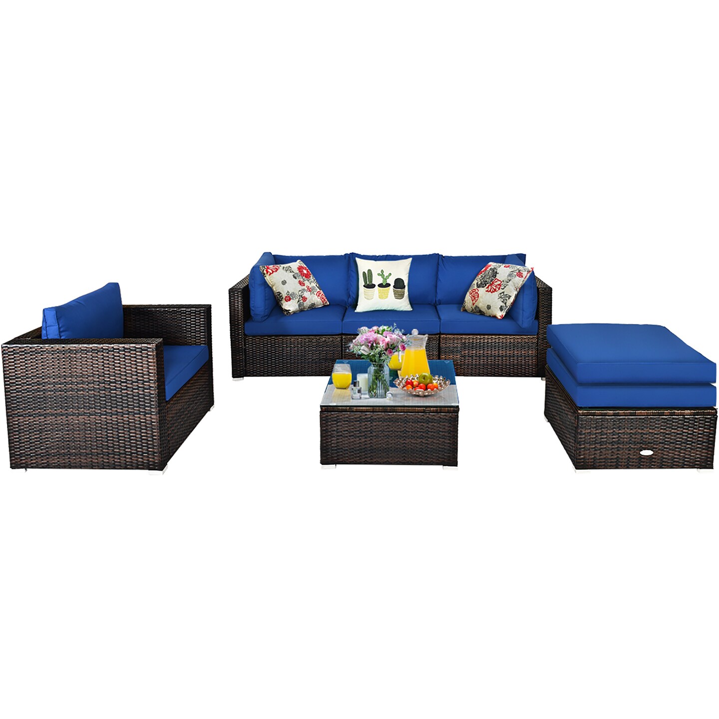 Costway 6PCS Patio Rattan Sectional   Furniture Set Sofa Coffee Table Ottoman Navy