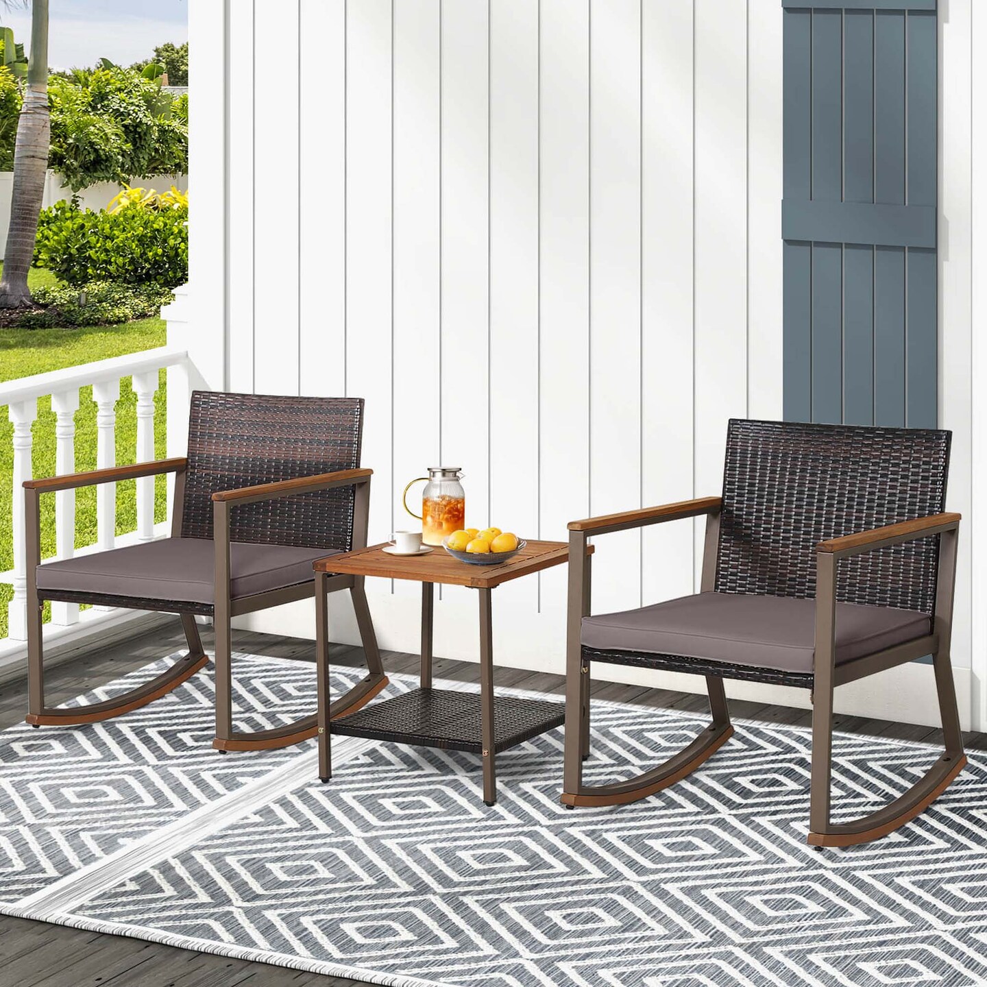 Costway 3 PCS Patio Rattan Rocking Chair Bistro Set Armrest Cushion Table with Storage Shelf Navy/Grey/Off White
