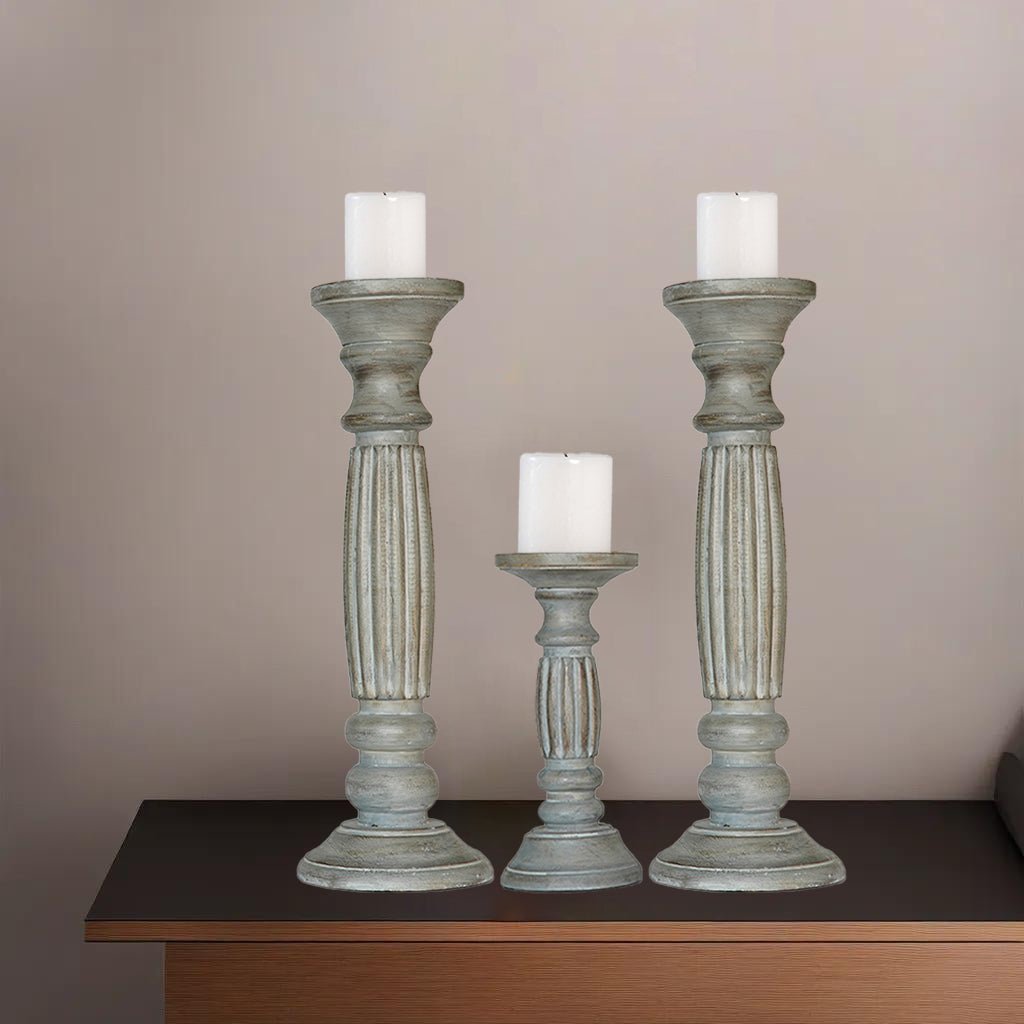 Antique Dusk Mango Wood Candle Holder Set Of 3 Eco-Friendly Handmade Decor