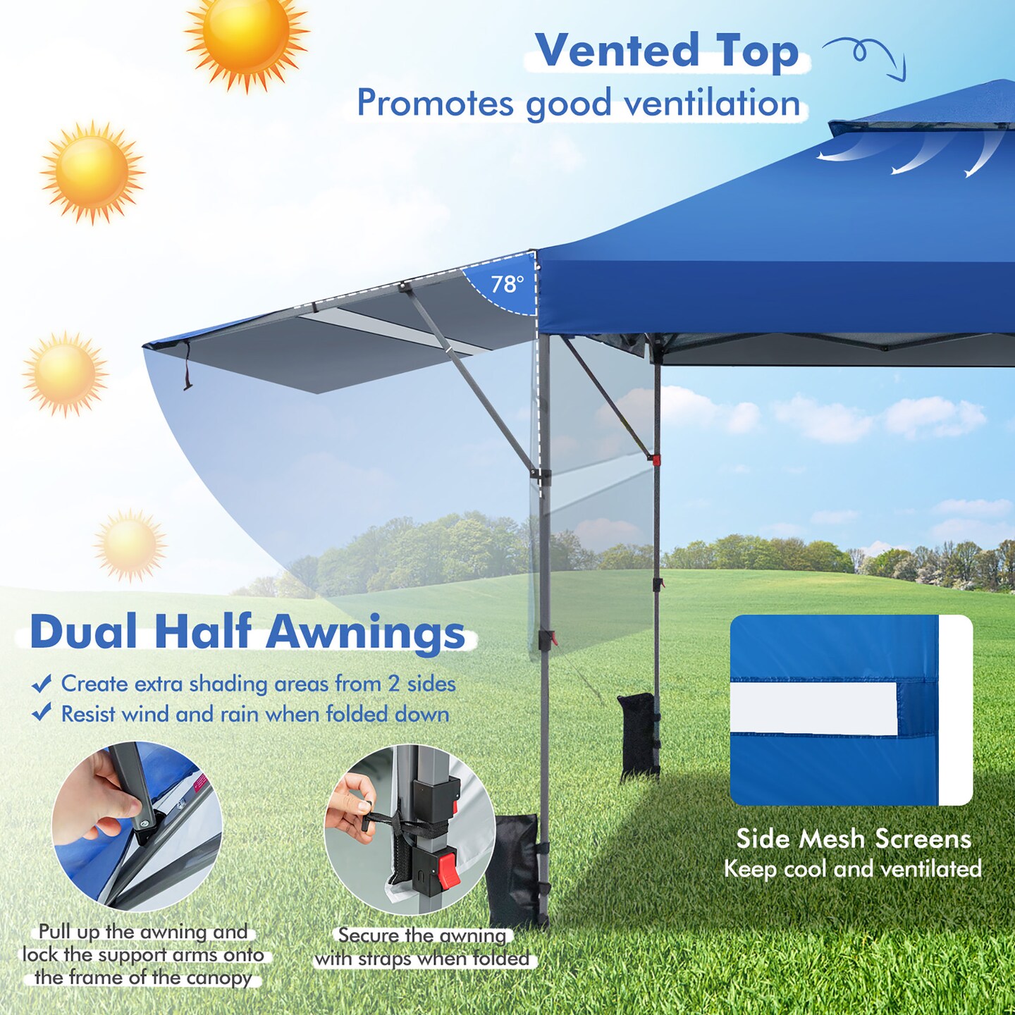 Costway 10&#x27;x17.6&#x27;Outdoor Instant Pop-up Canopy Tent Dual Half Awnings Adjust Patio Blue/White/Gray/Black/Pink