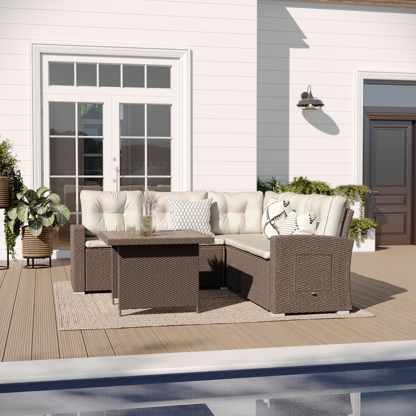 Merrick Lane Shelton Indoor/Outdoor L-Shaped Sofa/Dining Table Conversation Set with Wicker Rattan Construction and Weather-Resistant Cushions