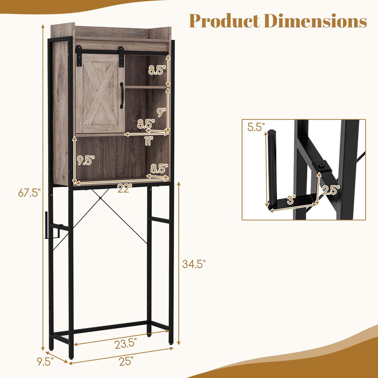 Costway Over-The-Toilet Storage Cabinet Bathroom Organizer w/ Sliding Barn Door Rustic Brown/Espresso/Grey