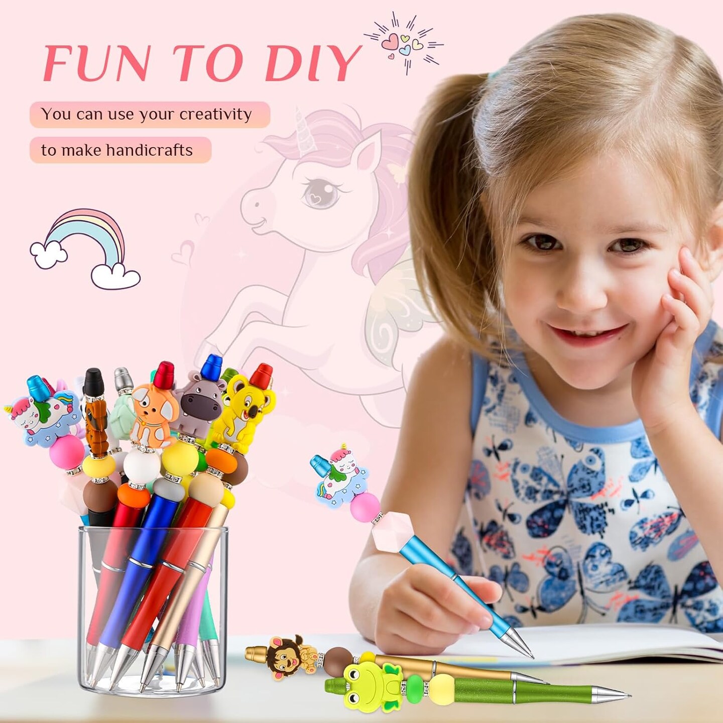 12 Pieces Beadable Pens Kit with Silicone Focal Beads, Animal Style, Black Ink, for DIY School Supplies