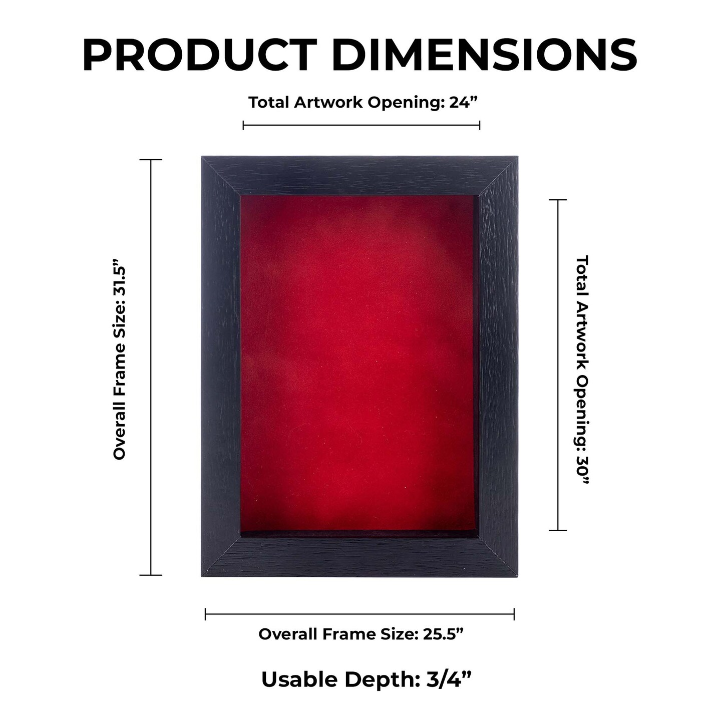 Black Wood Grain Shadow Box Frame with Acrylic Front - Red Suede Backing, 30 Sizes