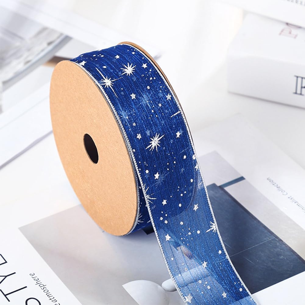 40 Yards Blue Wrapping Ribbon Sheer Transparent Ribbons Silver Star Organza Stamping Chiffon Silk Print Ribbon Trim for Sewing Making Craft Gift Wrapping DIY Christmas Dress Decor Supplies