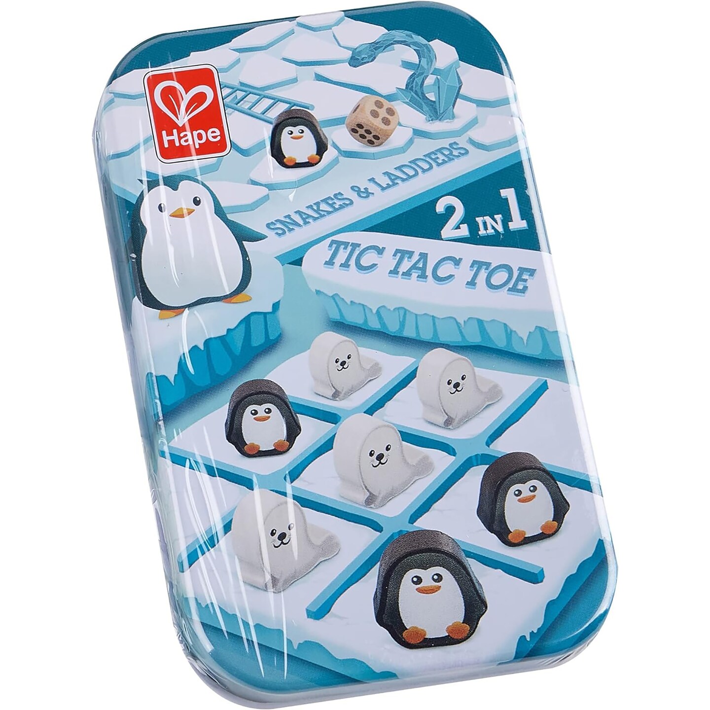 Hape: 2-In-1: Tic Tac Toe / Snakes & Ladders - 2 Classic Games In 1 Tin, Arctic Animal Theme, Penguin & Seals, Portable Play Design, Kids Ages 3+