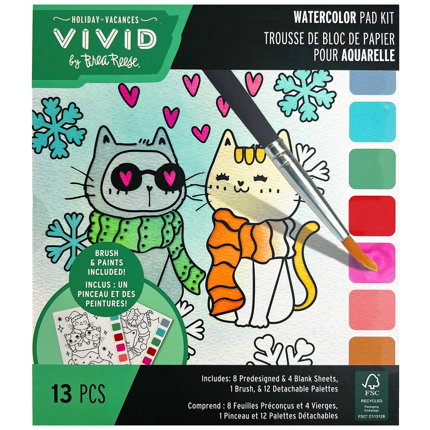 Vivid by Brea Reese: Watercolor Pad Kit - Winter Wishes - 8 Holiday-Themed Cat Designs, 4 Blank Sheets, 12 Detachable Paint Palettes, DIY Art Activity