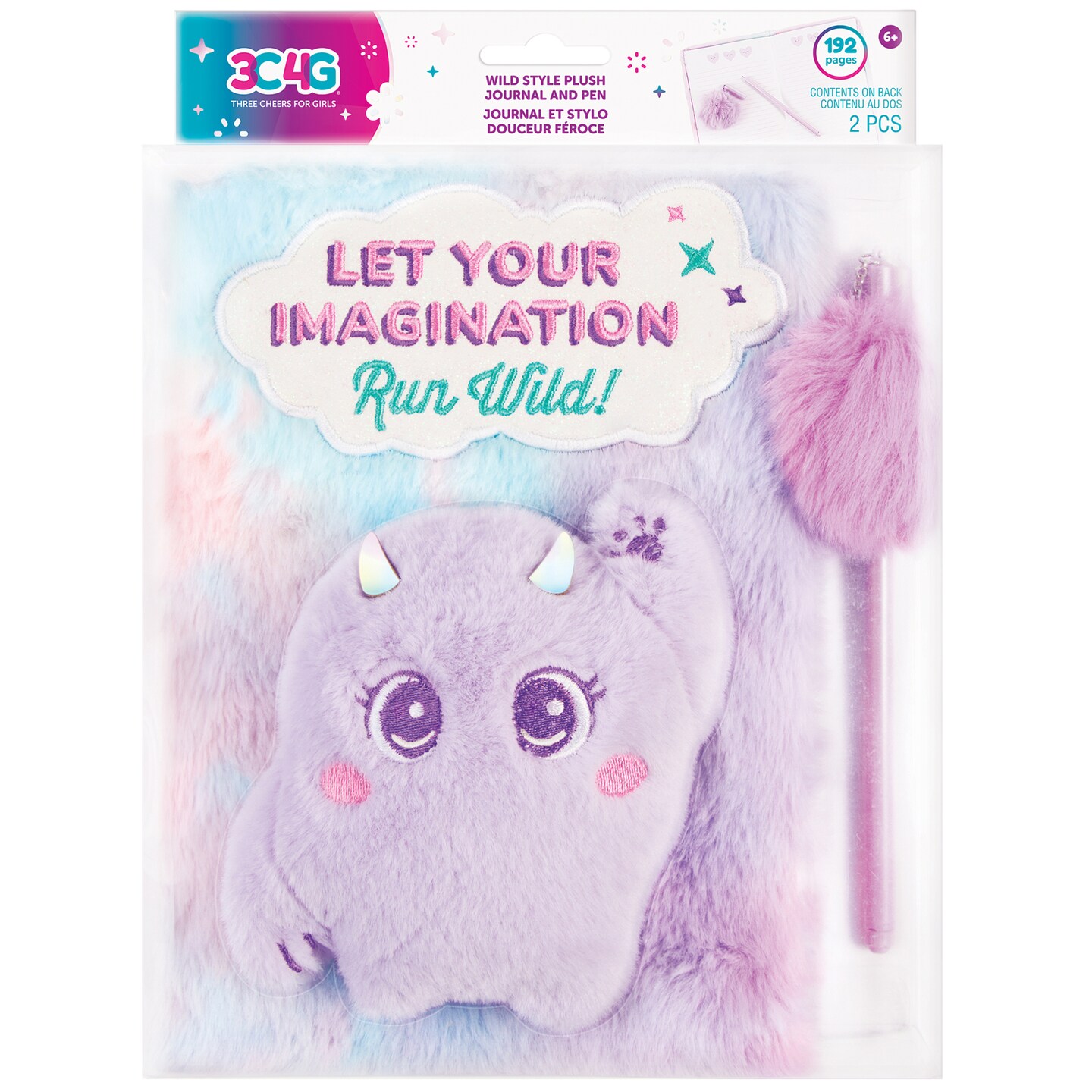 3C4G: Imagination Land Wild Style Plush Journal & Pen - 192 Pages, Pink-Purple-Monster Design, Sketch, Diary, Three Cheers For Girls, Kids Ages 6+