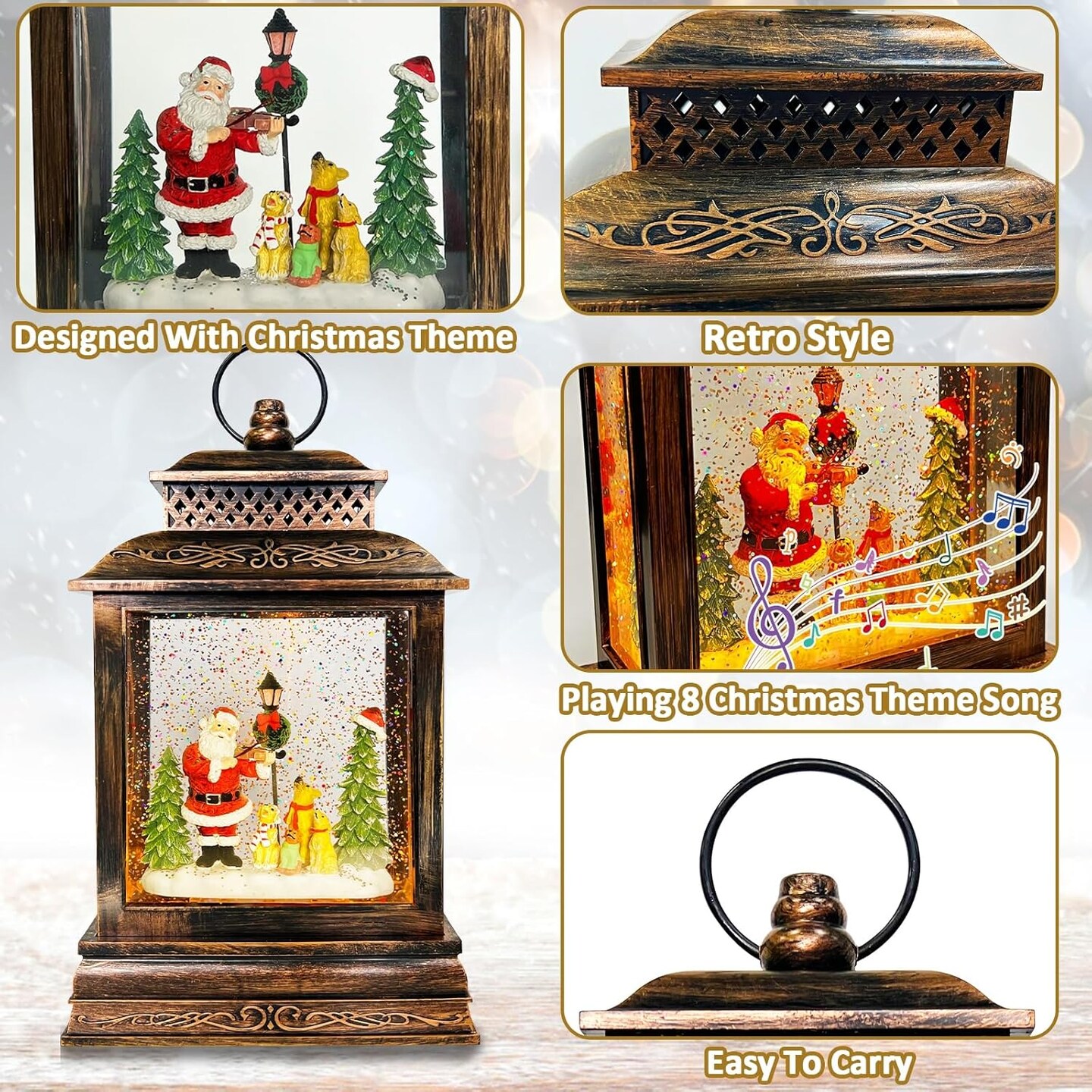 Christmas Snow Globe Lantern Musical Lighted with Timer, Santa Claus Water Lantern Glittering Holiday Decor Gift, Battery Operated &#x26; USB Glitter Lantern (Santa Claus and Christmas Tree)