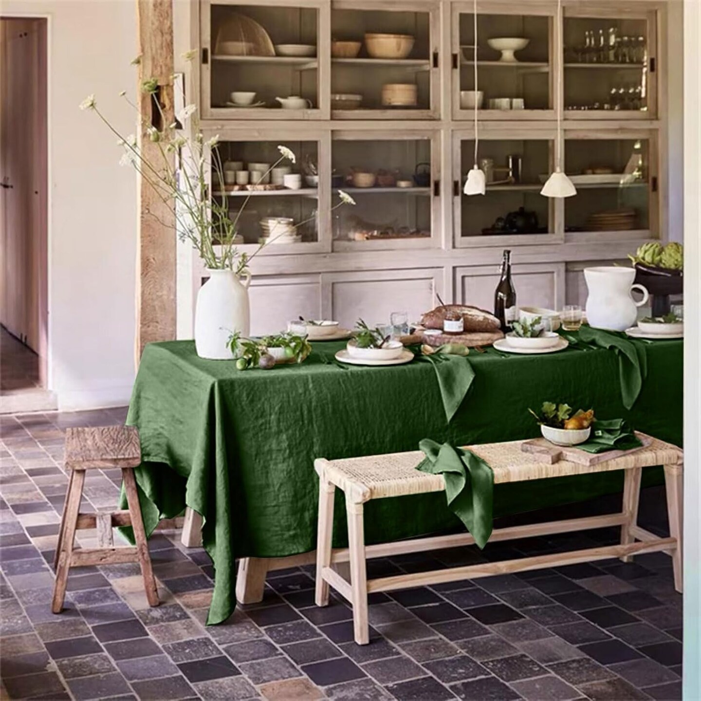 Linen Tablecloth 100% Pure Linen Table Cloth 60x120 Inches Rectangle Tablecloths Washable Cloths for Kitchen, Dining, Buffet Parties, Holidays, Picnic,Weddings and Restaurants-Christmas Green