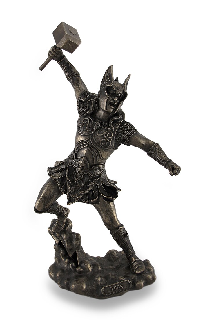 Thor, Norse God of Thunder, Wielding Hammer Sculptured Bronzed Statue
