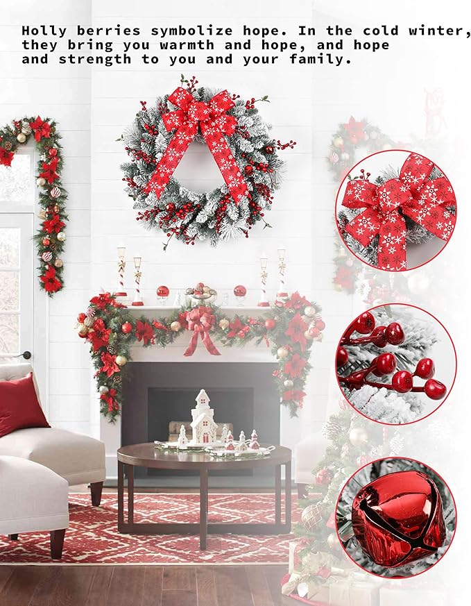 24 Inch Christmas Wreath for Front Door Artificial Wreath Adorned with Pine Branches, Berries, Snowflakes, and Red Ribbons,for Christmas Decorations Indoor and Outdoo