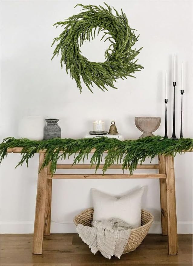 Real Touch Norfolk Pine Christmas Garland and Wreath Set, 24IN Green Wreath and Christmas Garland Artificial Faux Greenery Norfolk Pine for Holiday Indoor Mantle Decor (6FT - 24IN)