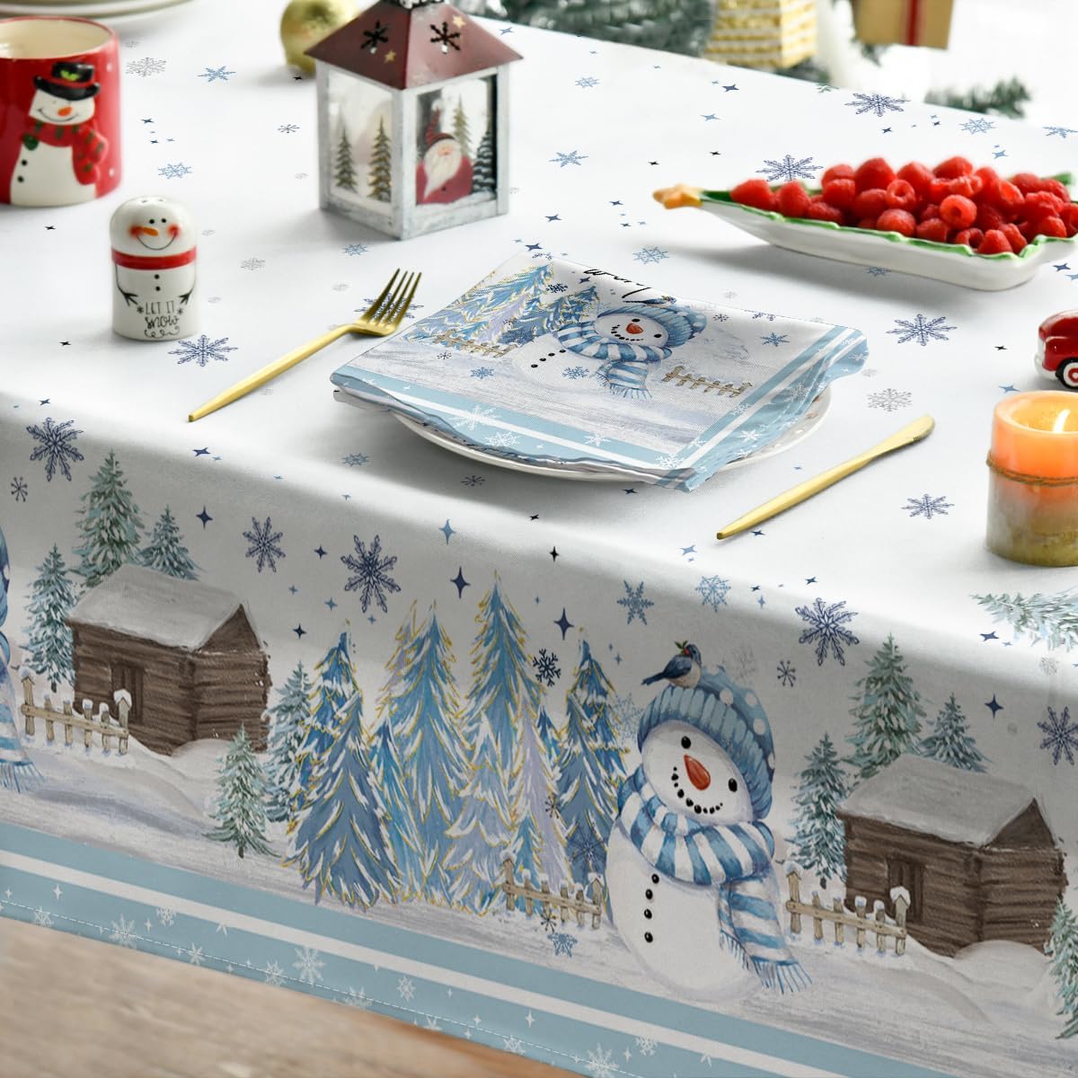 Christmas Tablecloth 60&#xD7;84 Inch Rectangular, Blue Snowman Pine Snow Washable Table Cover for Party Picnic Dinner Decor