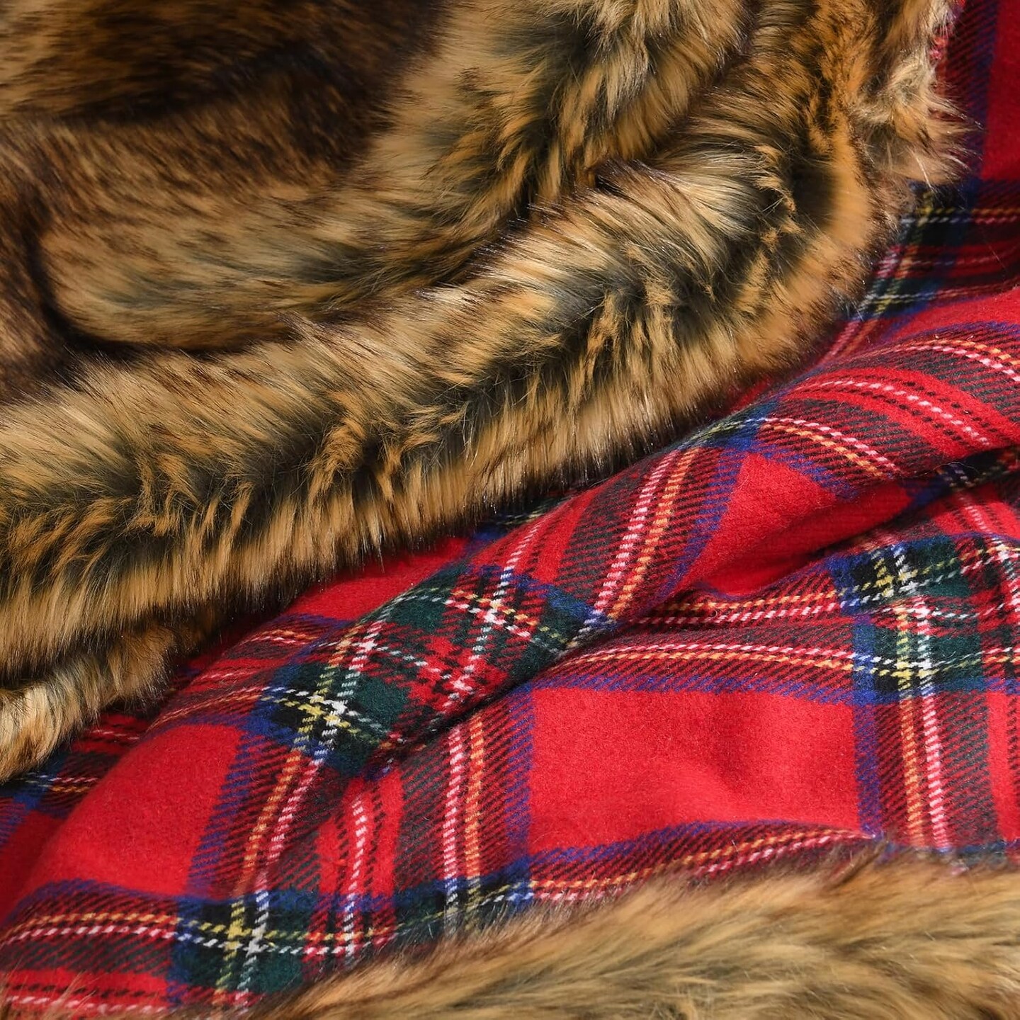 Luxury Plush Faux Fur Throw Blanket with Red Plaid Pattern, Super Warm, Fuzzy, Elegant, Fluffy Decoration Christmas Holiday Blanket for Couch, Armchair, Sofa and Bed, 50''x 60''