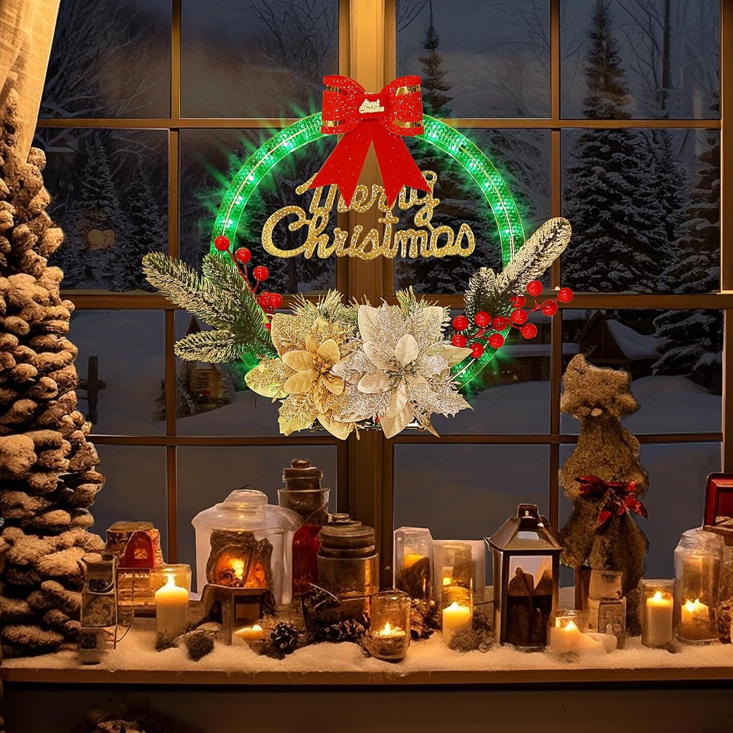 Christmas Wreath with LED Lights, 11&#x27;&#x27; Light Up Christmas Wreath Decorations Indoor, Flowers Picks, Green Prelit Small Reef Garland for Front Door, Windows, Battery Operated/Charging Port