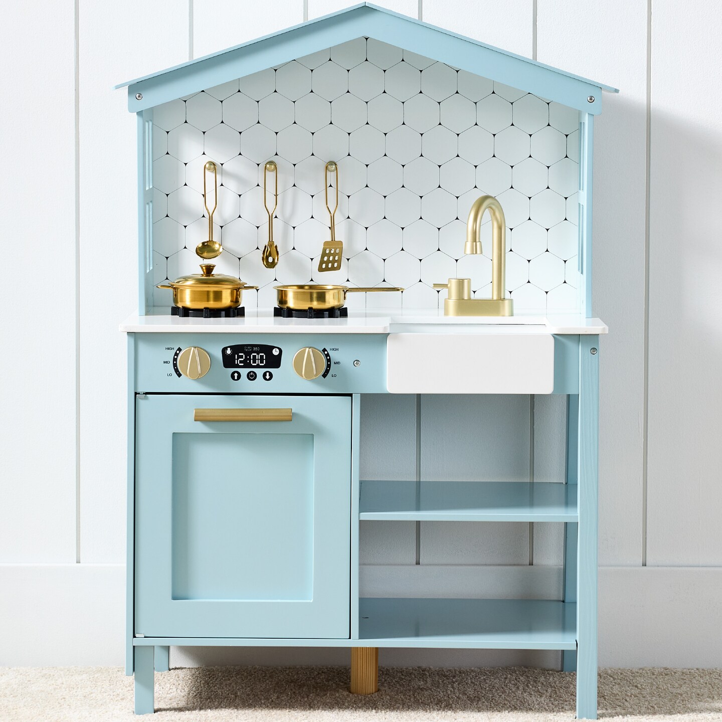 Best Choice Products Farmhouse Play Kitchen Toy for Kids w/ Chalkboard, Storage Shelves, 5 Accessories